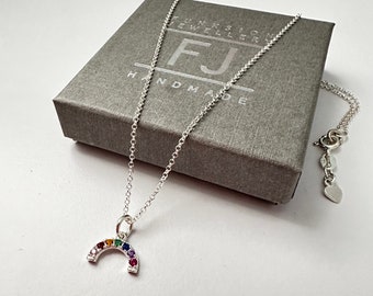 Sterling Silver & CZ Rainbow Necklace for Women, Multi Colour Pendant Necklace, UK Handmade Gift for Her, Custom Sizes, Gift Boxed