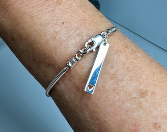 Solid Slim 925 Sterling Silver Snake Chain Bracelet, Optional Heart or Star Bar Tag, UK Handmade Gift for Women, Gift Boxed, Custom Sizes