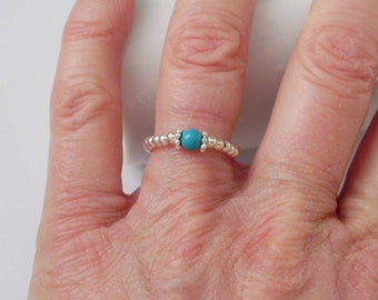 Sterling Silver or Gold Filled Ring with Turquoise Bead, UK Handmade Stretch Ring, Beaded Gift for Women, Custom Sizes, Gift Boxed