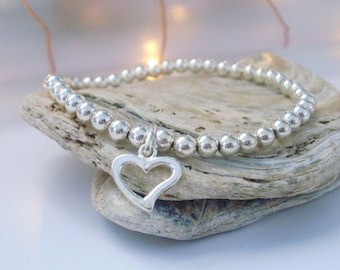 Sterling Silver Heart Bracelet for Women Girls, Stretch Beaded Bracelet, UK Handmade Gift for Her, Custom Sizes, Gift Boxed