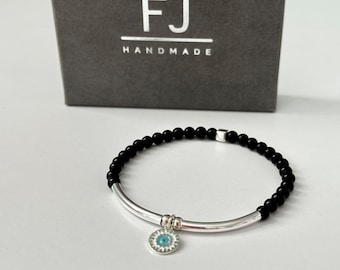Black Obsidian Gemstone & Mandala Charm Bracelet, Sterling Silver Stretch 4mm Beaded UK Handmade Gift for Women, Custom Sizes, Gift Box