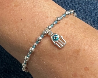 Sterling Silver Stretch Beaded Bracelet, Hamsa Hand Charm with Turquoise Beads, UK Handmade Jewellery Gift for Women, Custom Sizes