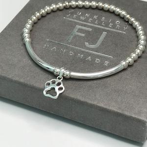 Sterling Silver Paw Print Bracelet: Beaded Stretch Charm, Dog Lover Gift