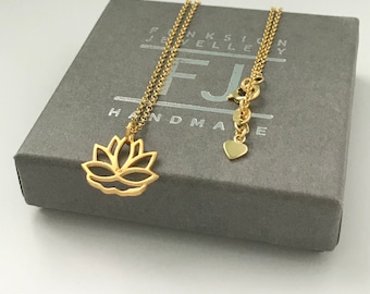 Gold Necklace Pendant for Women, Lotus Flower Necklace, UK Handmade Gift for Women, Custom Sizes, Gift Boxed