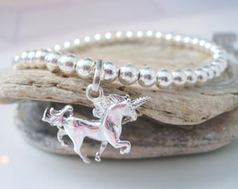 Sterling Silver Unicorn Bracelet, Charm Bracelet, Stretch Bracelet, 4mm Ball Beaded, Mythical Jewellery, Custom Sizes, Handmade, Girls Gift