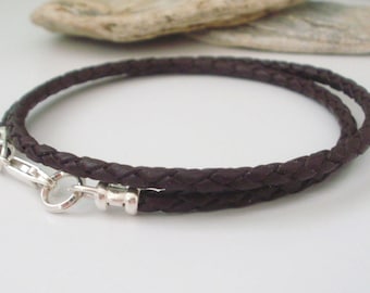 Mens Leather Braid Necklace for Men, Black or Brown Braided Leather & 925 Sterling Silver, UK Handmade Gift, Custom Sizes, Gift Boxed