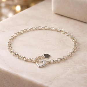 Sterling Silver Heart Clasp Belcher Bracelet: Handmade Adjustable Charm Bracelet