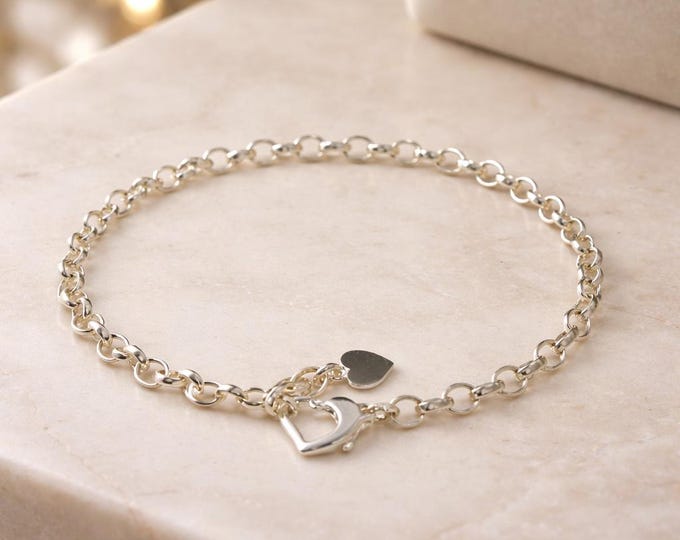 Featured listing image: Sterling Silver Heart Clasp Belcher Bracelet: Handmade Adjustable Charm Bracelet