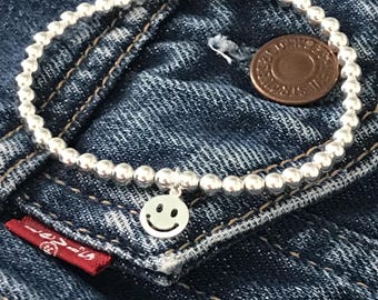 Sterling Silver Smiley Face Bracelet: Beaded Stretch Charm, Handmade