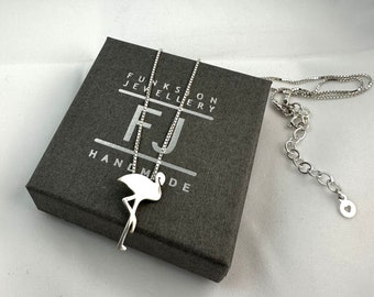 Sterling Silver Pendant Necklace, Flamingo Charm on Box Chain Necklace, UK Handmade Gift for Women, Custom Sizes, Gift Boxed