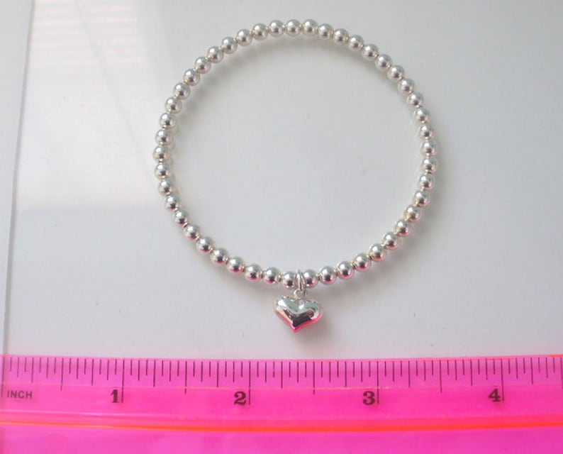 Silver Bead Bracelet Sterling Silver Heart Charm Handmade Custom Sizes 4mm beads Stretch UK Gift for Women Beaded