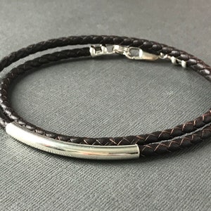 Mens Leather Wrap Bracelet, Sterling Silver Beaded Wristband in Black or Brown Leather Braid, UK Handmade, Custom Sizes, Gift Boxed image 8