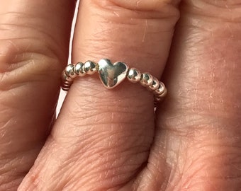 Sterling Silver Heart Beaded Ring for Women, Stacking Round Stretch Thumb / Toe Ring, Handmade Gift for Her