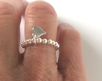 Sterling Silver Beaded Rings with Heart Charm, Stretch Stacking Bead Ring, Custom Sizes, UK Handmade Gift for Women, Gift Boxed