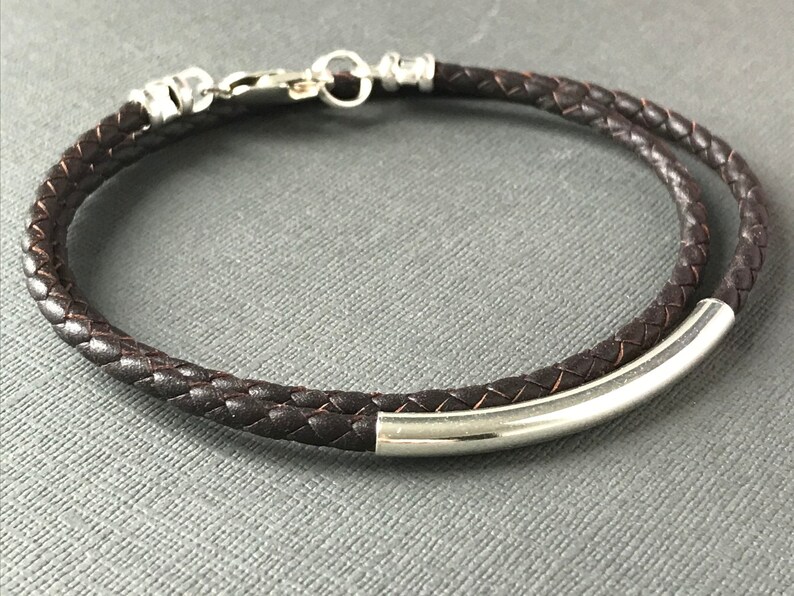 Mens Leather Wrap Bracelet, Sterling Silver Beaded Wristband in Black or Brown Leather Braid, UK Handmade, Custom Sizes, Gift Boxed image 6