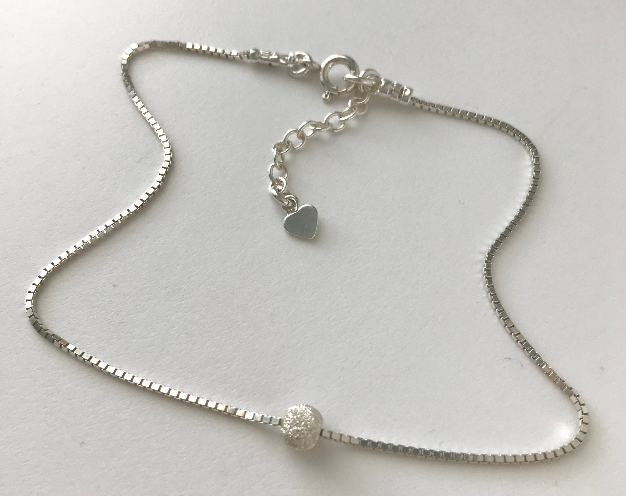 Sterling Silver Box Chain Anklet for Women with Stardust Bead, Handmade Adjustable Ankle