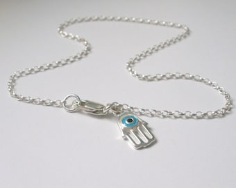 Sterling Silver Hamsa Anklet: Turquoise Evil Eye Charm, Handmade