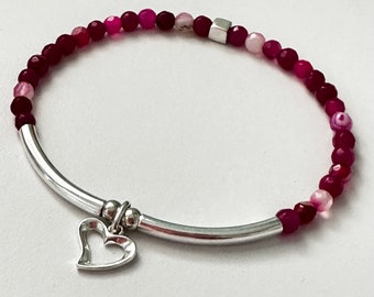 Pink Agate & Sterling Silver Heart Charm Bracelet, Stretch 4mm Beaded Bracelet, UK Handmade Gift for Women, Custom Sizes, Gift Boxed