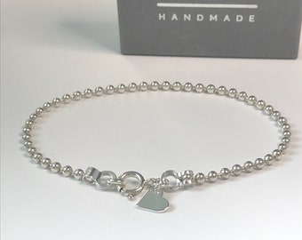 Sterling Silver Ball Chain Bracelet with Heart Tag, 3mm Bead Chain Bracelet with Clasp, UK Handmade Gift for Women, Custom Sizes, Gift Boxed