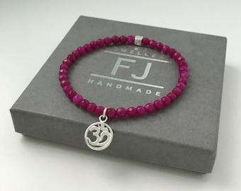Pink Jade Gemstone Intention Bracelet, Sterling Silver Om, Beaded Charm Bracelet , UK Handmade Gift for Women, Custom Sizes, Gift Boxed
