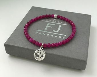 Beaded Bracelets for Women, Pink Gemstone Beads with Sterling Silver Om Charm, UK Handmade Gift, Custom Sizes, Gift Boxed