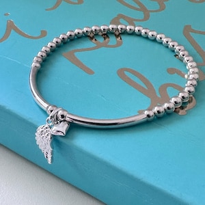 Pulseira de prata esterlina com contas: pingente de coração com asa de anjo, joia elástica feita à mão