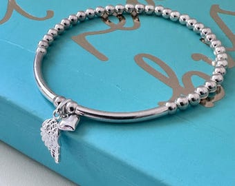 Sterling Silver Beaded Bracelet: Angel Wing Heart Charm, Handmade Stretch Jewelry