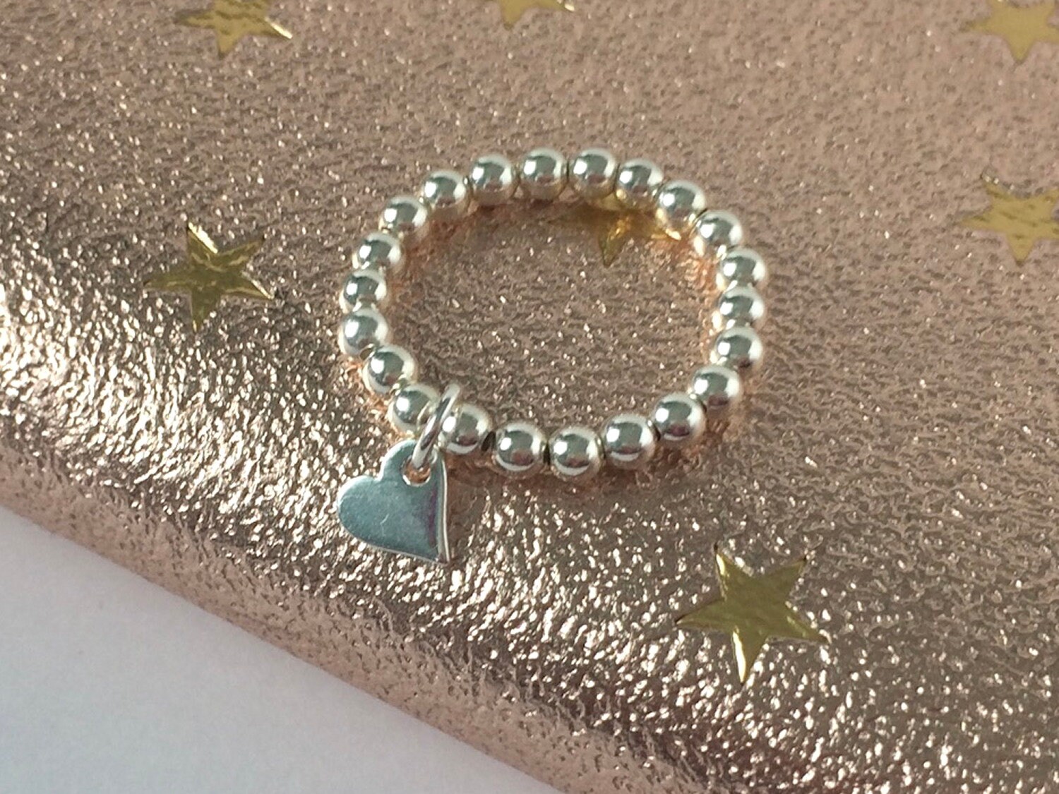 thumbnail image 2 of Sterling Silver Beaded Stretch Stacking Ring – Tiny Heart Charm, Handmade, All Sizes 2 of 6