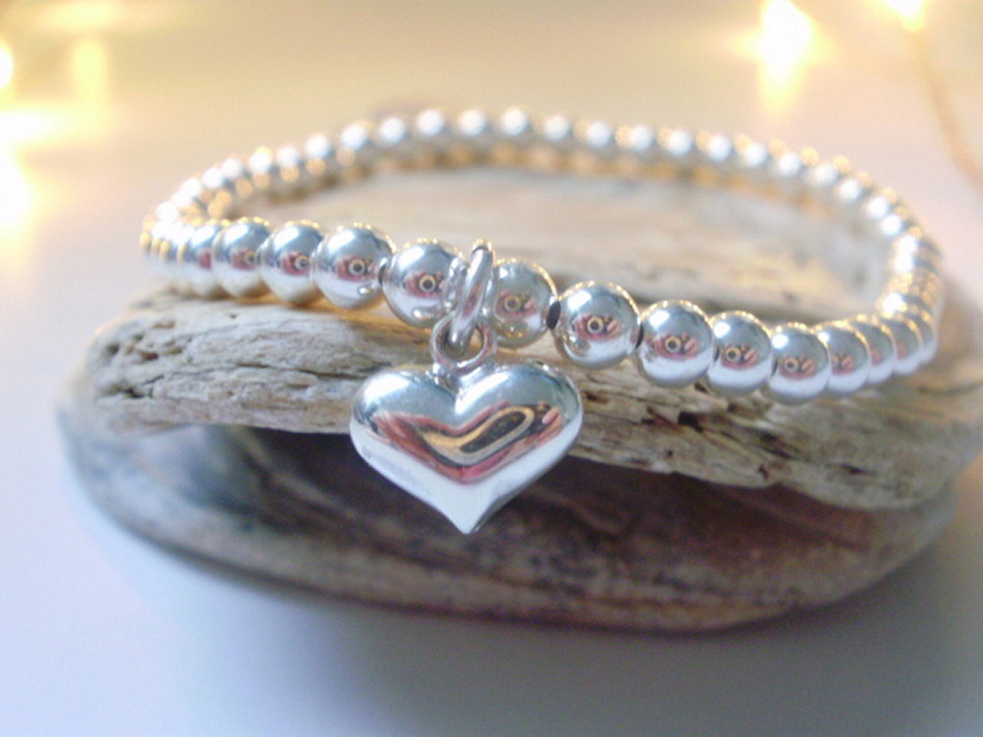 Sterling Silver Stacking Bracelet Set for Women, Beaded Love Heart Key