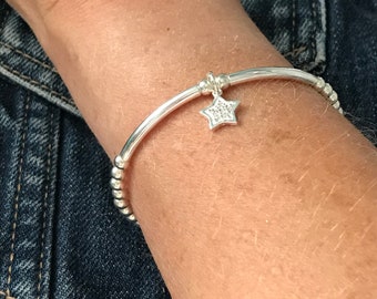 Sterling Silver Star Bracelets for Women, Stretch Beaded Bracelet with CZ Star Charm, UK Handmade Gift for Her, Custom Sizes, Gift Boxed