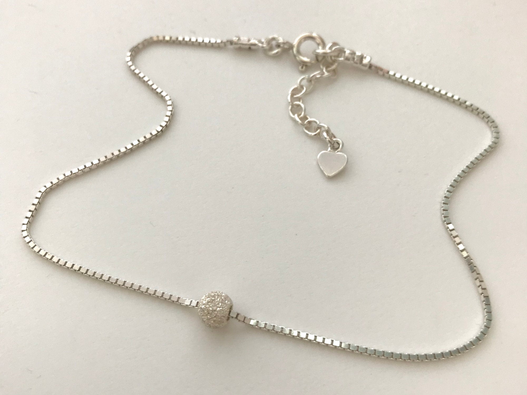Sterling Silver Box Chain Anklet for Women with Stardust Bead, Handmade