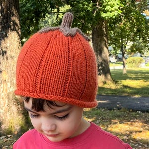 Puede incluir: Un gorro naranja tejido con forma de calabaza, con costuras verticales y un tallo marrón. El gorro lo lleva un niño. Este accesorio con temática otoñal es perfecto para Halloween o las festividades de otoño.