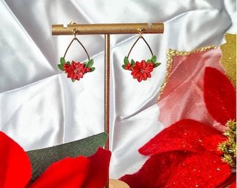 Poinsettia with Mistletoe Dangling Earrings