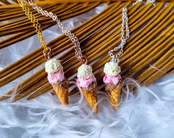Triple Scoop Ice Cream Cone Pendant and Chain Necklace