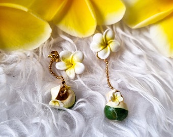 Frangipani (Plumeria) Coconut Drink Dangling Earrings