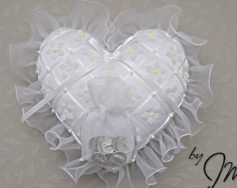 Wedding Arras Coin Pillow in elegant white custom fabric, yellow flower centers, and attached coin pouch