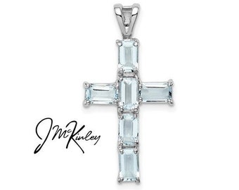 Sterling Silver Aquamarine Emerald Cross Pendant