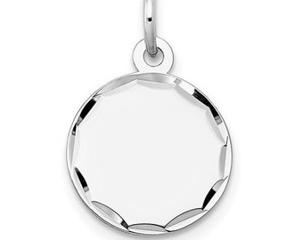 14k White gold circle charm 1/2" wide, Etched Engravable Round Disc Charm