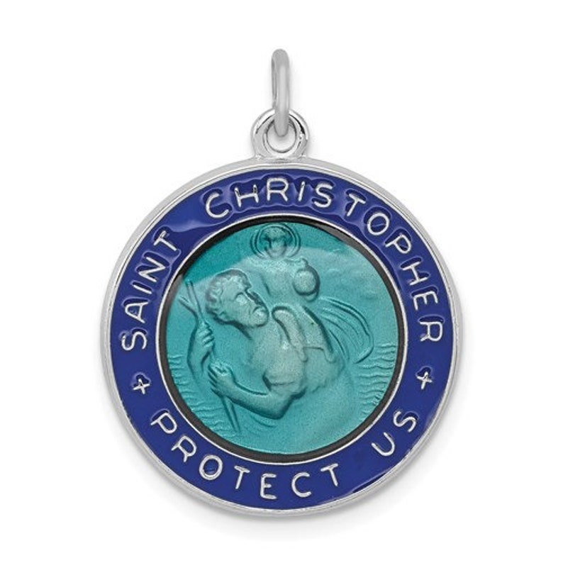 Beautiful Sterling silver 925 sterling Sterling Silver Rhodium-plated Blue Epoxy St Christopher Medal Beautiful Sterling silver 925 sterling Sterling Silver Rhodium-plated Blue Epoxy St Christopher Medal