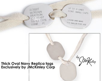 Oval WWI, WWII US Navy Silver dog tags, one P1917 and one P1940 tag in beautiful thick high polish design.