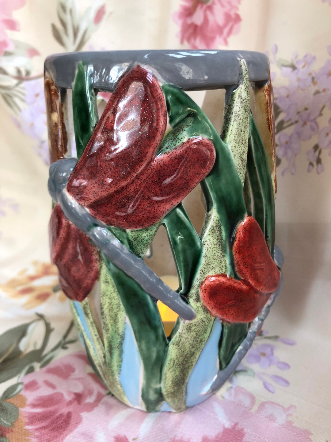 Handcrafted Pottery Dragonfly Luminary Lantern, Handmade Ceramic