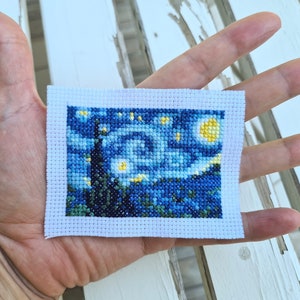 Modern cross stitch pattern "Tiny Van Gogh Starry Night". (P214) Miniature art cross stitch.