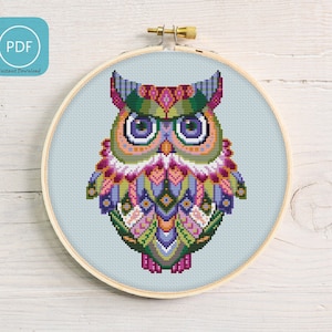 May include: A colorful cross-stitch pattern of an owl with a geometric design. The owl is surrounded by a light blue background and is framed in a wooden hoop.