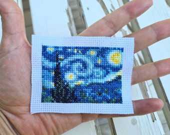 Modern cross stitch pattern "Tiny Van Gogh Starry Night". (P214) Miniature art cross stitch.