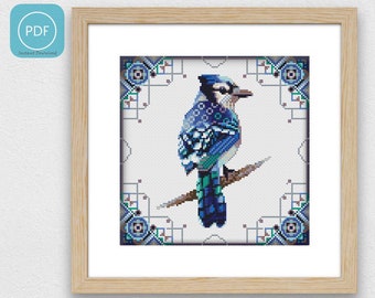 Modern cross stitch pattern, "Blue jay". Very colorful and fun design (P213). Counted cross stitch pattern blue jay bird.