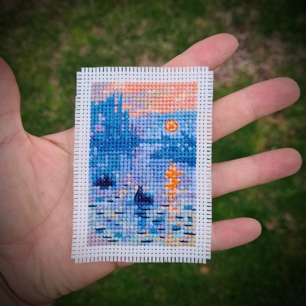 Modern cross stitch pattern "Tiny Impression Sunrise" by Claude Monet. (P258) Miniature art cross stitch.