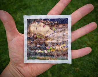 Tiny masterpiece cross stitch pattern "Ophelia by Sir John Everett Millais". (P264) Miniature art cross stitch.