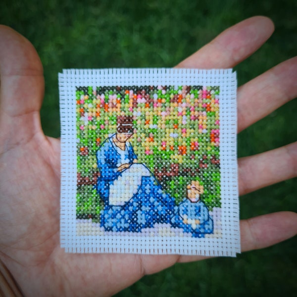 Modern cross stitch pattern "Tiny Claude Monet - Camille Monet and a Child ". (P238) Miniature art cross stitch. Monet gardens.