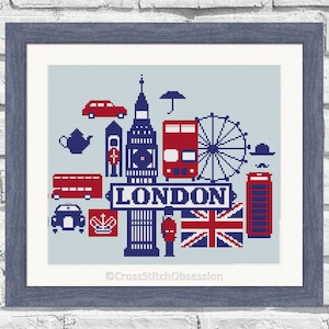 Modern cross stitch patterns, "London" poster style, designed with DMC, perfect for any room. Instant download printable PDF. (P145)