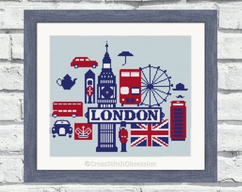 May include: A cross stitch pattern featuring iconic London landmarks, including Big Ben, a red double-decker bus, a red telephone booth, and the Union Jack flag. The pattern is titled "LONDON" and includes other symbols like a crown, a teapot, and a car.